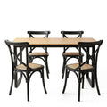 5PCS Industrial Dining Table and 4 Rattan Chairs Set 150x90cm - Black