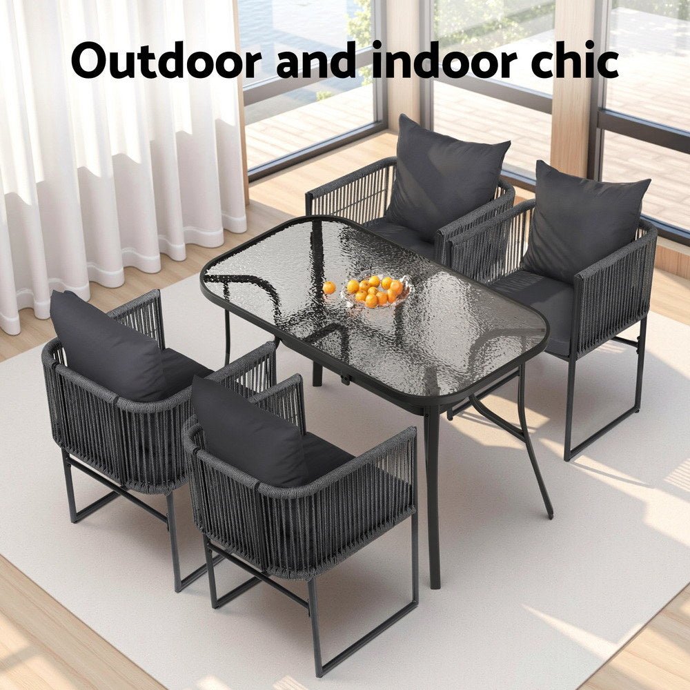 5PCS Outdoor Dining Set Table and Chairs Rope Patio Furniture Garden Black - Furniture > Dining > Dining Set - Rivercity House & Home Co. (ABN 18 642 972 209) - Affordable Modern Furniture Australia