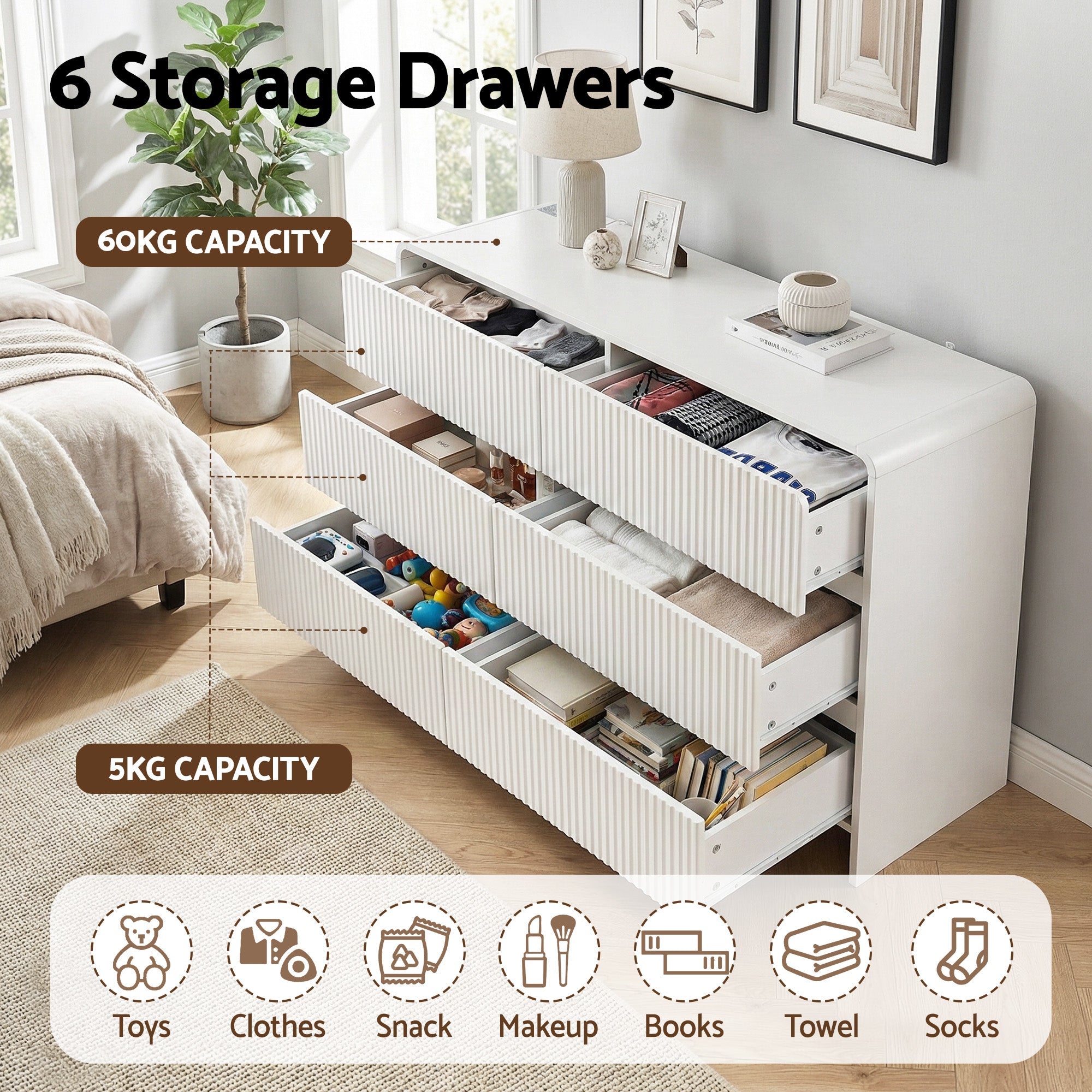 6 Chest of Drawers Dresser Cabinet White - Furniture > Bedroom > Dressers - Rivercity House & Home Co. (ABN 18 642 972 209) - Affordable Modern Furniture Australia