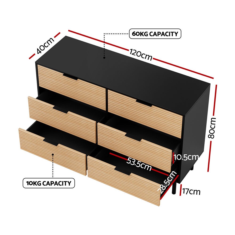 6 Chest of Drawers Dresser Table Black&Pine - Furniture > Bedroom > Dressers - Rivercity House & Home Co. (ABN 18 642 972 209) - Affordable Modern Furniture Australia