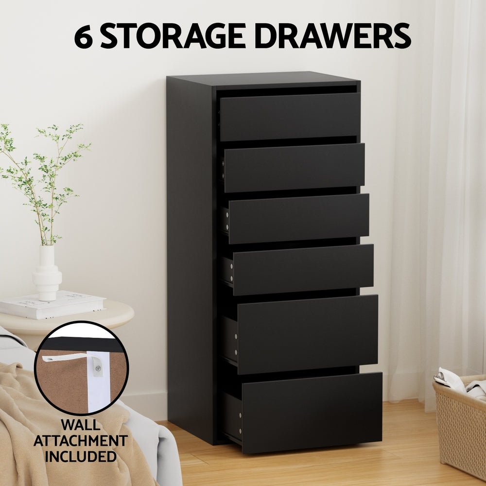 6 Chest of Drawers Dresser Tallboy Black - Furniture > Bedroom > Dressers - Rivercity House & Home Co. (ABN 18 642 972 209) - Affordable Modern Furniture Australia