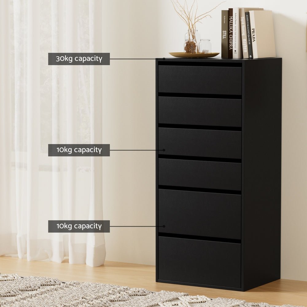 6 Chest of Drawers Dresser Tallboy Black - Furniture > Bedroom > Dressers - Rivercity House & Home Co. (ABN 18 642 972 209) - Affordable Modern Furniture Australia