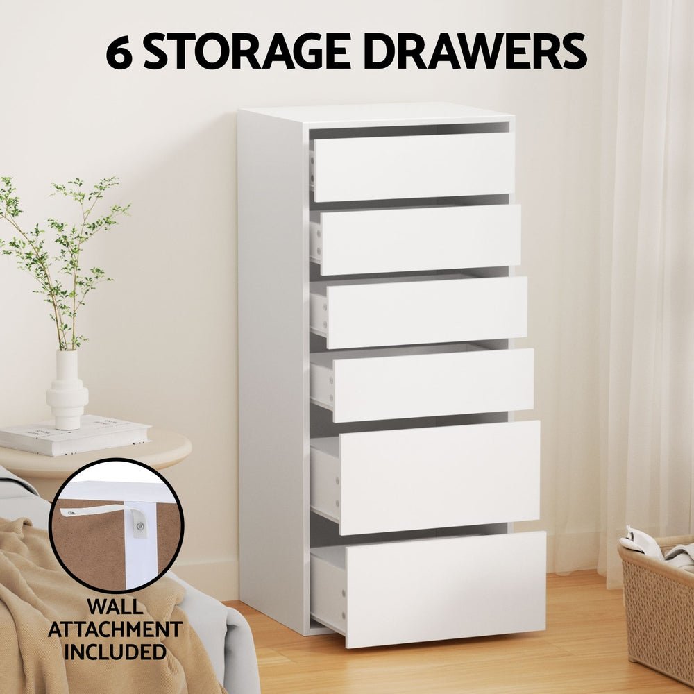 6 Chest of Drawers Dresser Tallboy White - Furniture > Bedroom > Dressers - Rivercity House & Home Co. (ABN 18 642 972 209) - Affordable Modern Furniture Australia