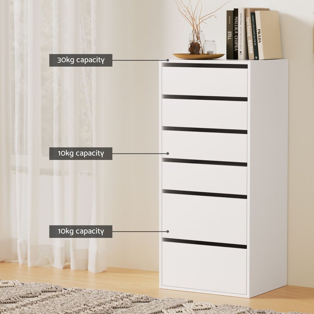 6 Chest of Drawers Dresser Tallboy White - Furniture > Bedroom > Dressers - Rivercity House & Home Co. (ABN 18 642 972 209) - Affordable Modern Furniture Australia