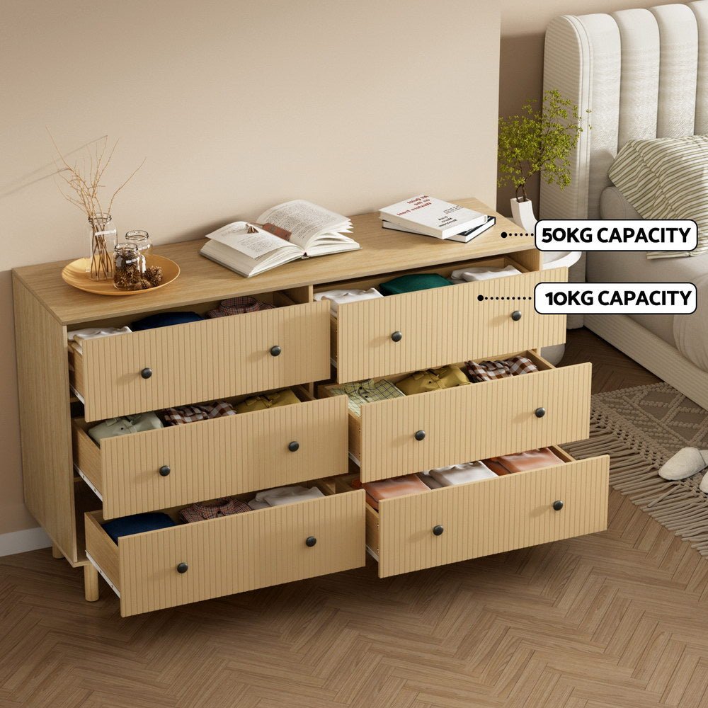 6 Chest of Drawers Flutted Front - RUTH Oak - Furniture > Bedroom - Rivercity House & Home Co. (ABN 18 642 972 209) - Affordable Modern Furniture Australia