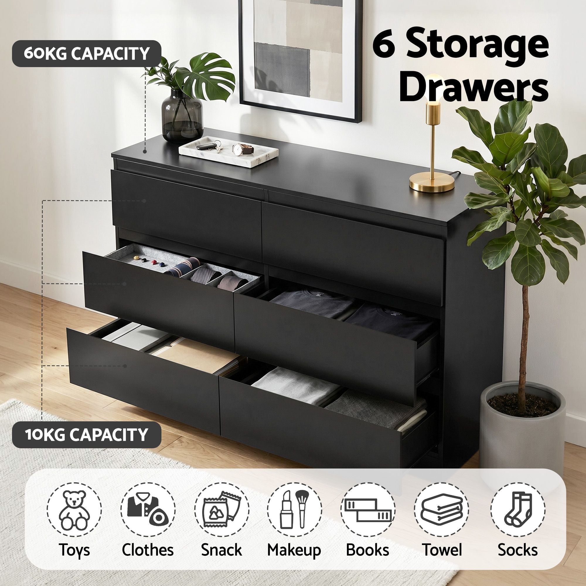 6 Chest of Drawers Lowboy Black - Furniture > Bedroom > Dressers - Rivercity House & Home Co. (ABN 18 642 972 209) - Affordable Modern Furniture Australia