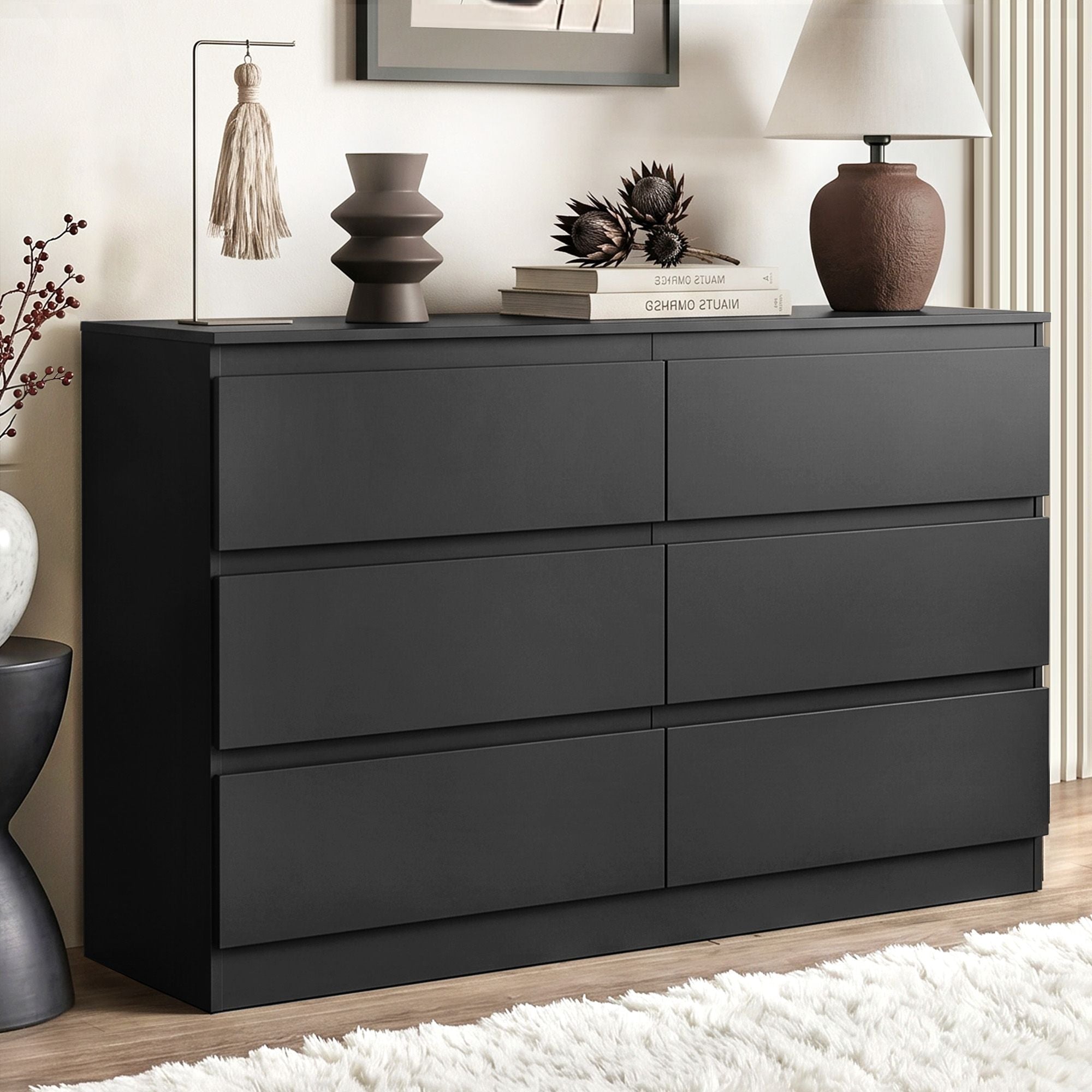 6 Chest of Drawers Lowboy Black - Furniture > Bedroom > Dressers - Rivercity House & Home Co. (ABN 18 642 972 209) - Affordable Modern Furniture Australia