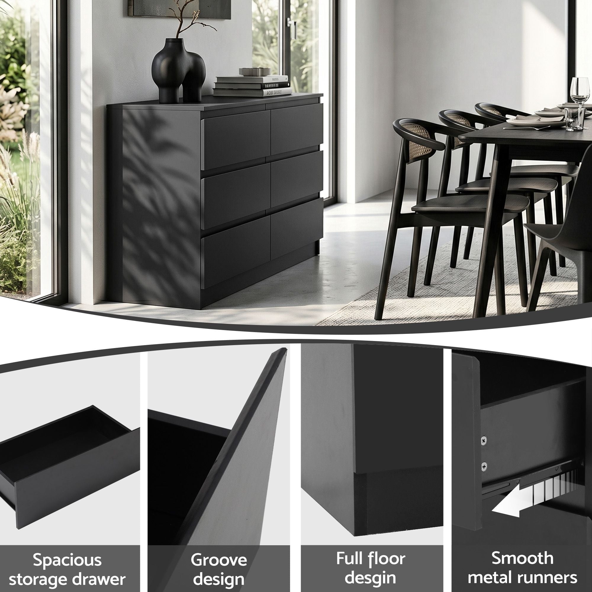 6 Chest of Drawers Lowboy Black - Furniture > Bedroom > Dressers - Rivercity House & Home Co. (ABN 18 642 972 209) - Affordable Modern Furniture Australia