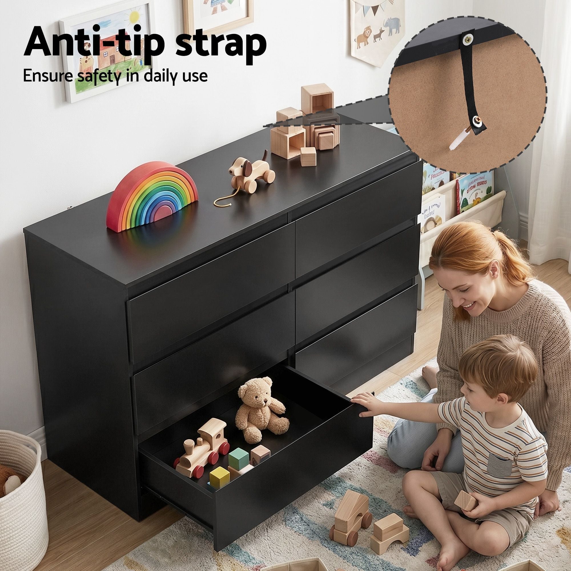 6 Chest of Drawers Lowboy Black - Furniture > Bedroom > Dressers - Rivercity House & Home Co. (ABN 18 642 972 209) - Affordable Modern Furniture Australia