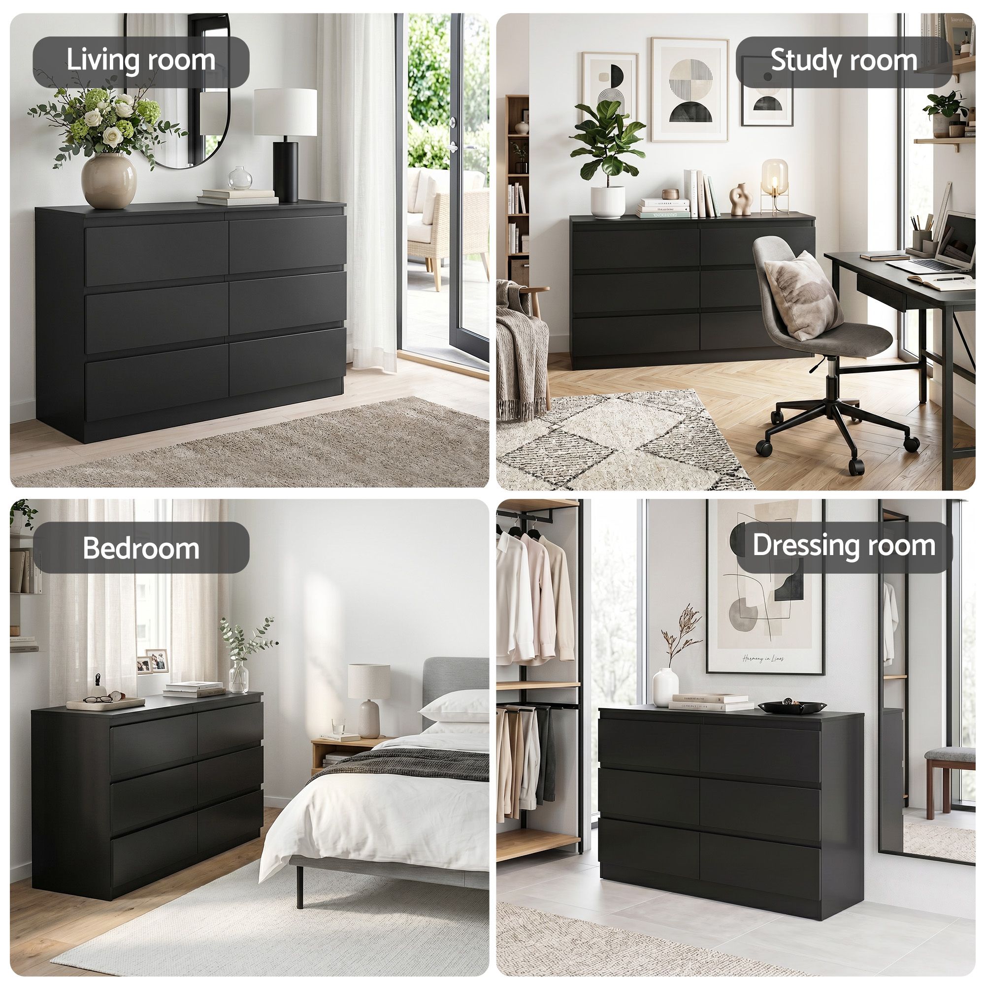 6 Chest of Drawers Lowboy Black - Furniture > Bedroom > Dressers - Rivercity House & Home Co. (ABN 18 642 972 209) - Affordable Modern Furniture Australia