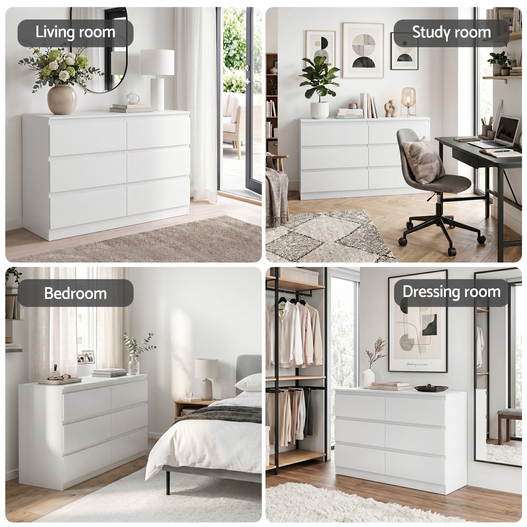 6 Chest of Drawers Lowboy White - Furniture > Bedroom > Dressers - Rivercity House & Home Co. (ABN 18 642 972 209) - Affordable Modern Furniture Australia