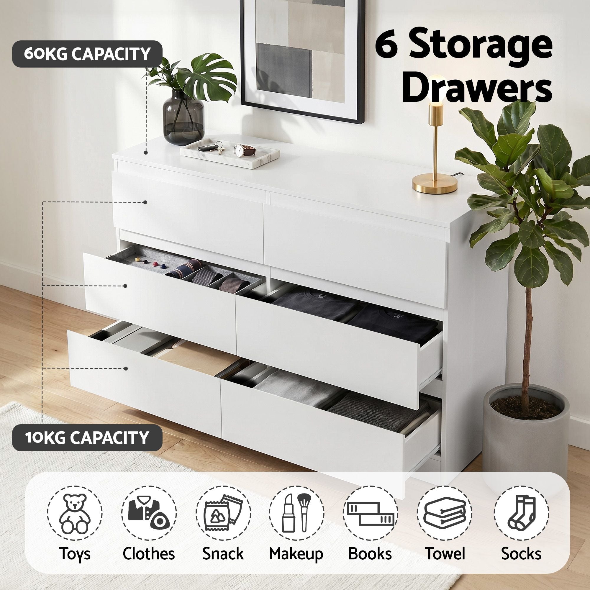 6 Chest of Drawers Lowboy White - Furniture > Bedroom > Dressers - Rivercity House & Home Co. (ABN 18 642 972 209) - Affordable Modern Furniture Australia