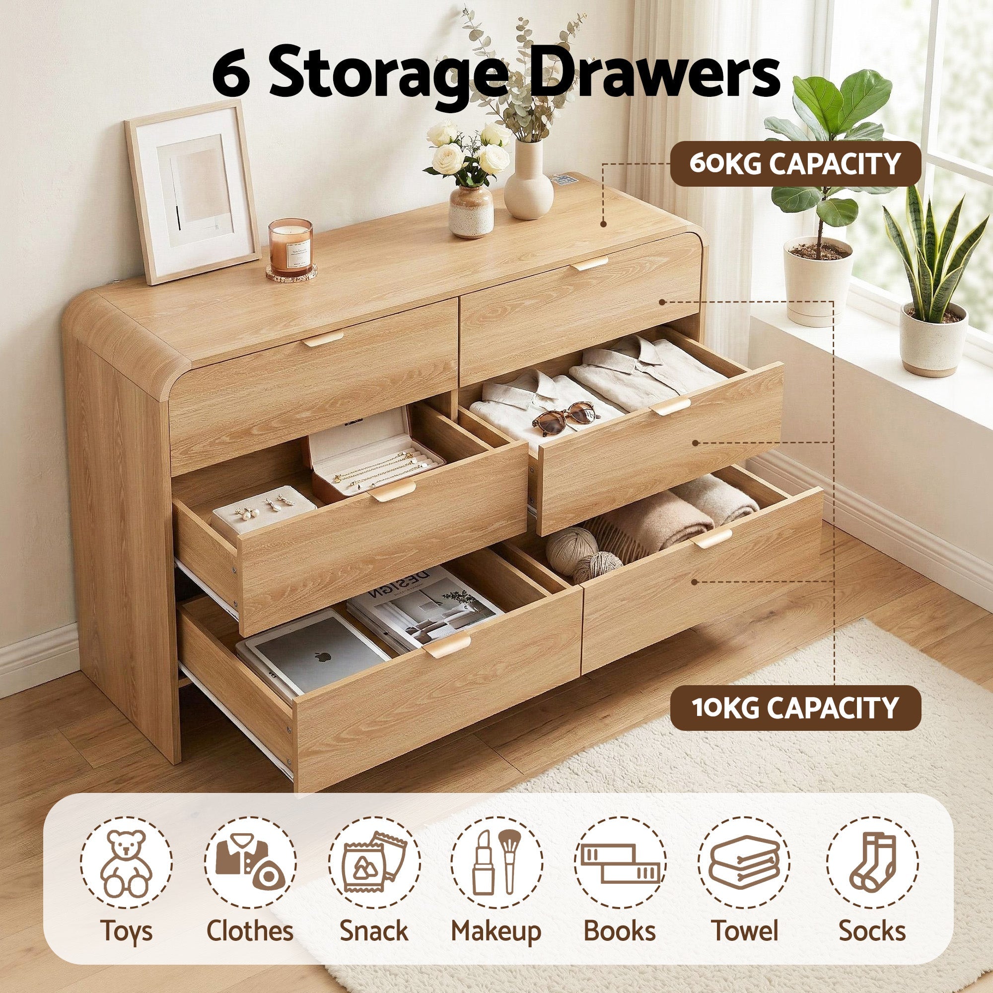 6 - Drawer Chest of Drawers Dresser Cabinet - Pine - Furniture > Bedroom > Dressers - Rivercity House & Home Co. (ABN 18 642 972 209) - Affordable Modern Furniture Australia