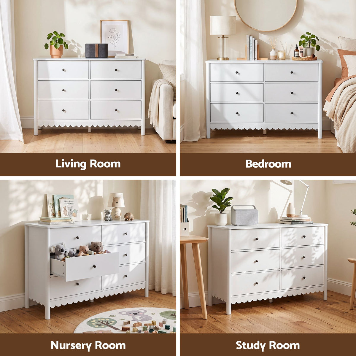 6 Drawer Chest of Drawers Dresser with Curved Edges and Scalloped Base - White - Furniture > Bedroom > Dressers - Rivercity House & Home Co. (ABN 18 642 972 209) - Affordable Modern Furniture Australia