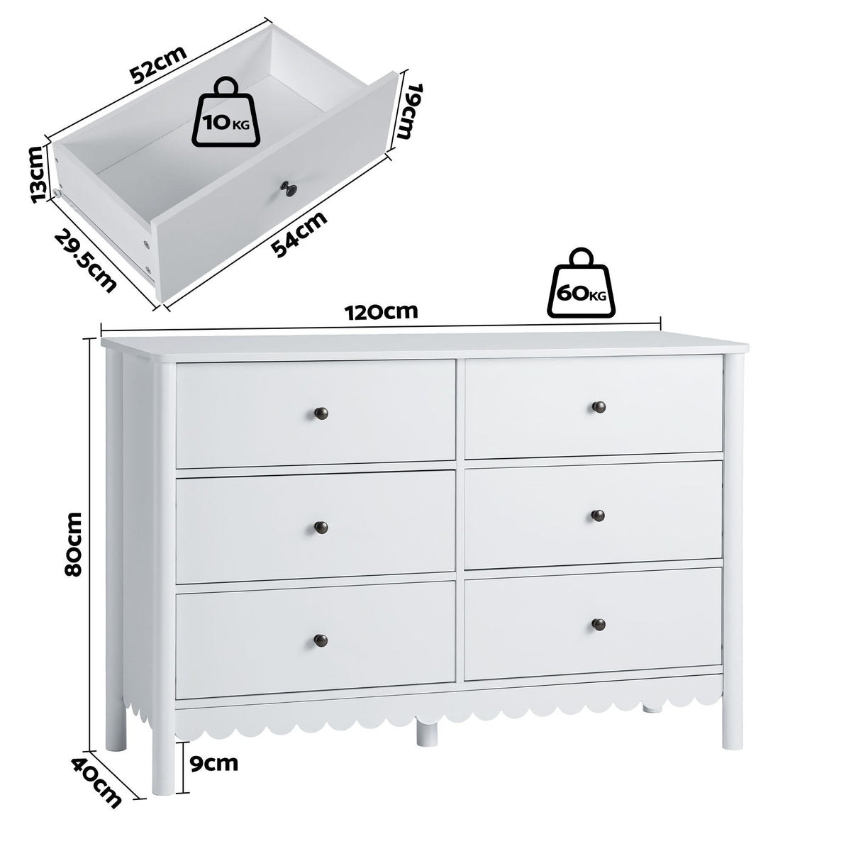6 Drawer Chest of Drawers Dresser with Curved Edges and Scalloped Base - White - Furniture > Bedroom > Dressers - Rivercity House & Home Co. (ABN 18 642 972 209) - Affordable Modern Furniture Australia