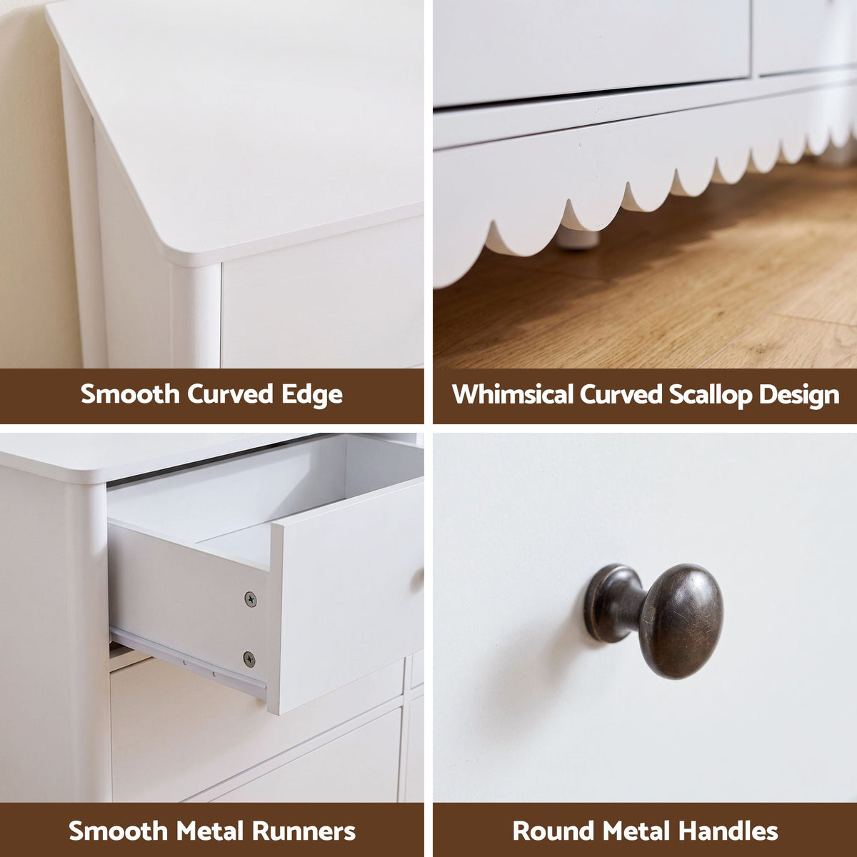 6 Drawer Chest of Drawers Dresser with Curved Edges and Scalloped Base - White - Furniture > Bedroom > Dressers - Rivercity House & Home Co. (ABN 18 642 972 209) - Affordable Modern Furniture Australia