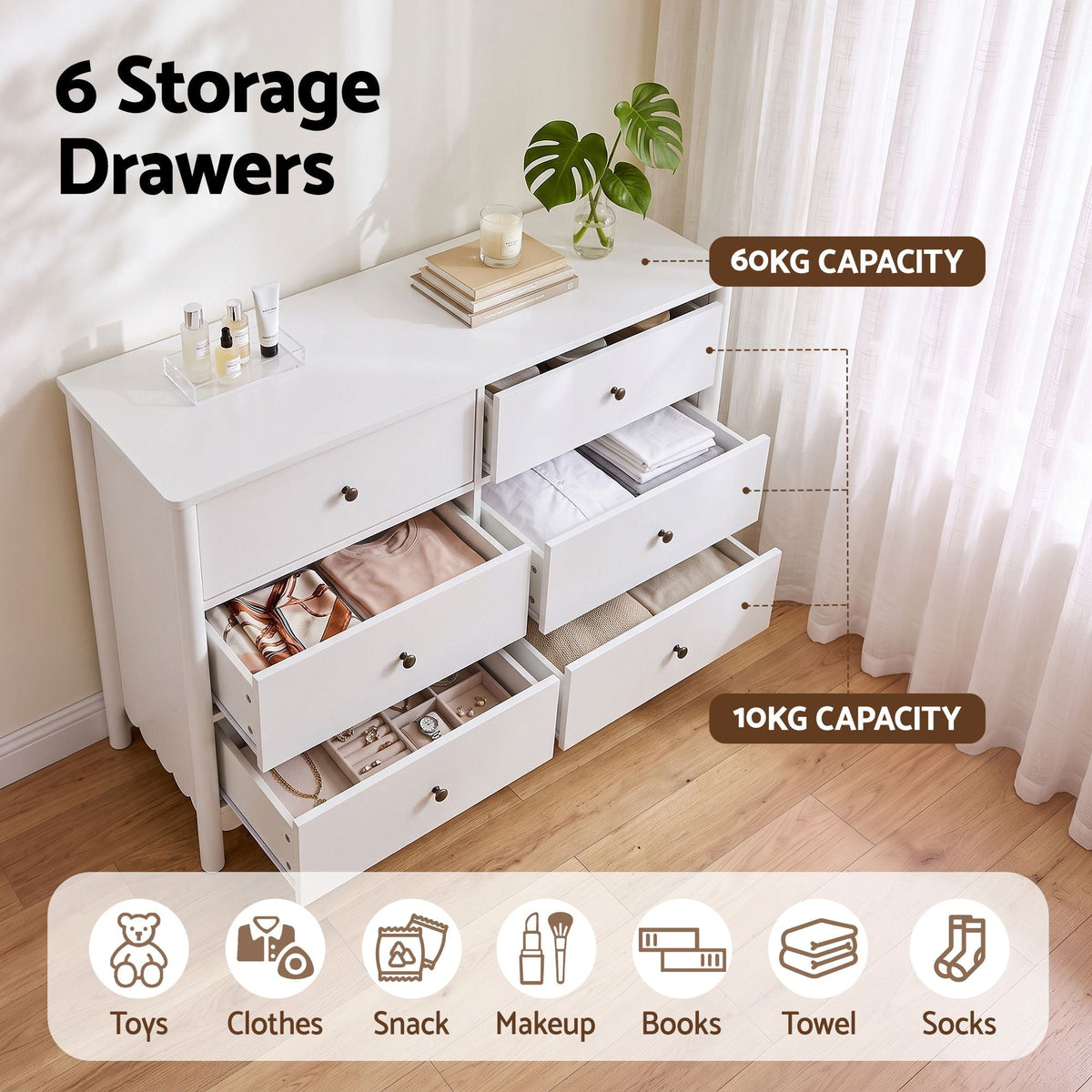 6 Drawer Chest of Drawers Dresser with Curved Edges and Scalloped Base - White - Furniture > Bedroom > Dressers - Rivercity House & Home Co. (ABN 18 642 972 209) - Affordable Modern Furniture Australia