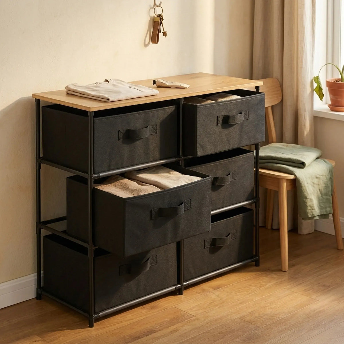 6 Drawer Fabric Storage Dresser with Steel Frame Rustic - Black - Furniture > Sofas > Sofa Accessories - Rivercity House & Home Co. (ABN 18 642 972 209) - Affordable Modern Furniture Australia