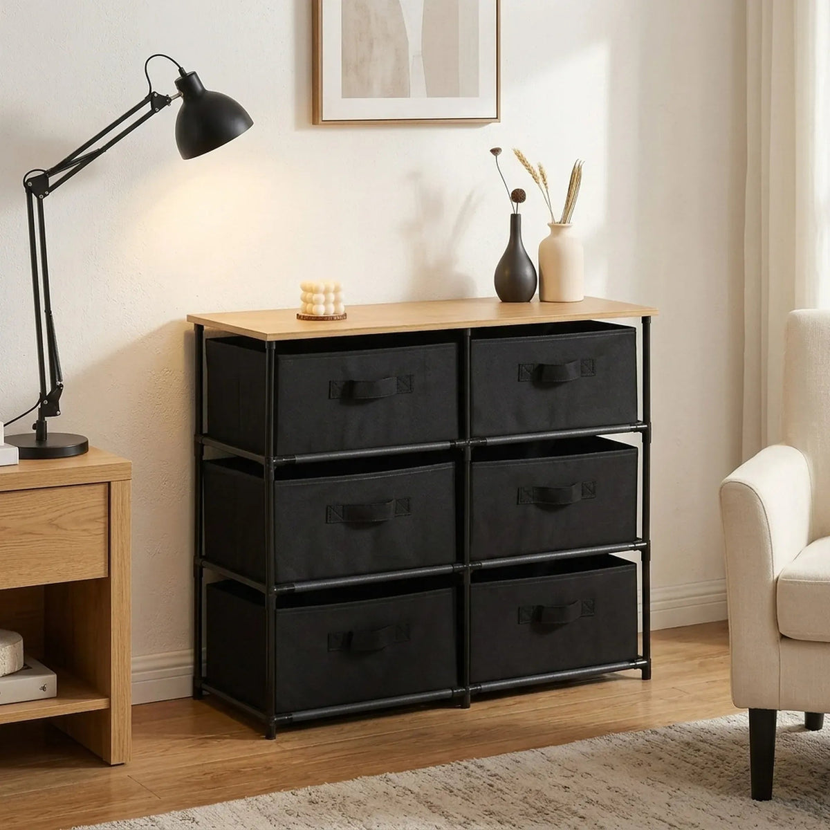 6 Drawer Fabric Storage Dresser with Steel Frame Rustic - Black - Furniture > Sofas > Sofa Accessories - Rivercity House & Home Co. (ABN 18 642 972 209) - Affordable Modern Furniture Australia
