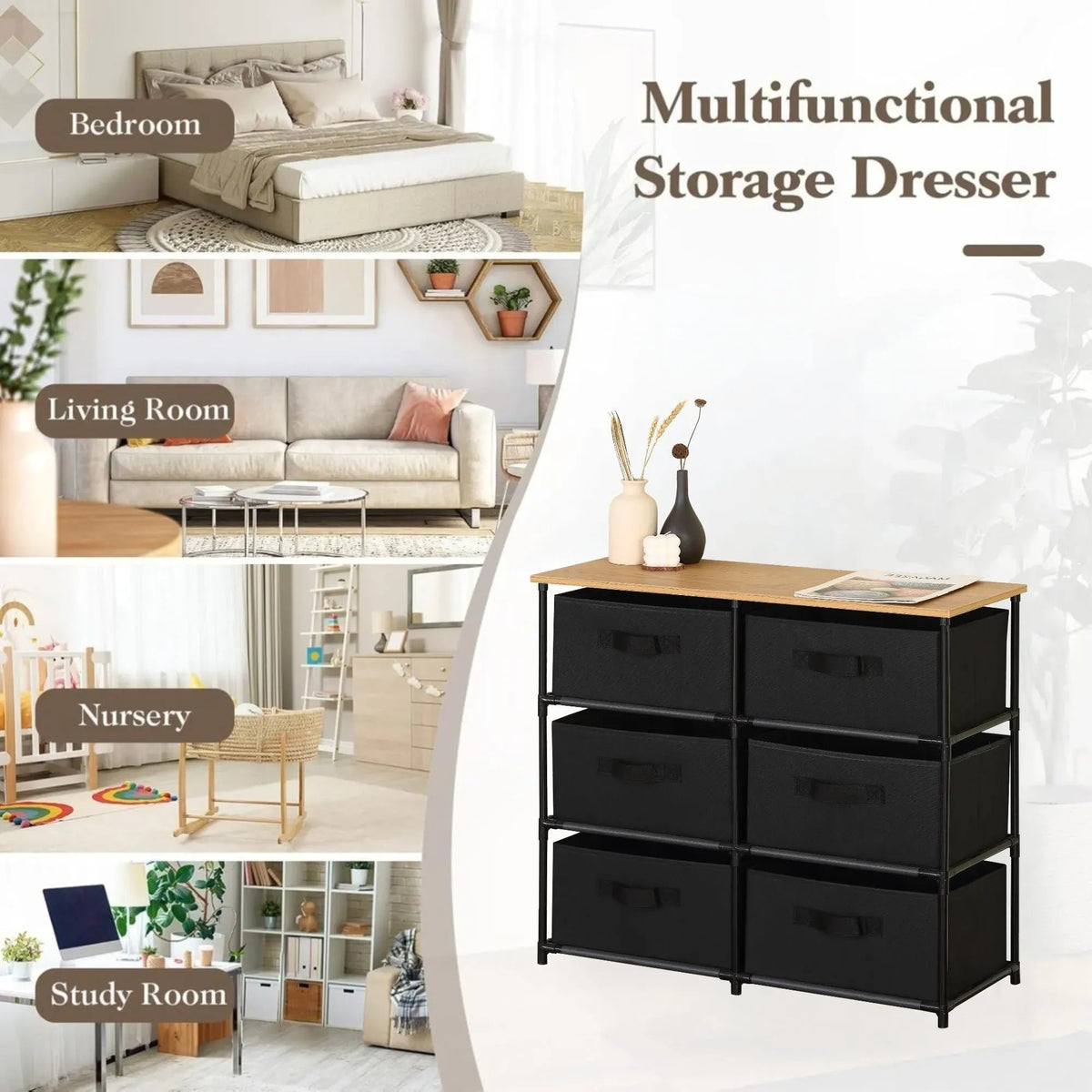 6 Drawer Fabric Storage Dresser with Steel Frame Rustic - Black - Furniture > Sofas > Sofa Accessories - Rivercity House & Home Co. (ABN 18 642 972 209) - Affordable Modern Furniture Australia
