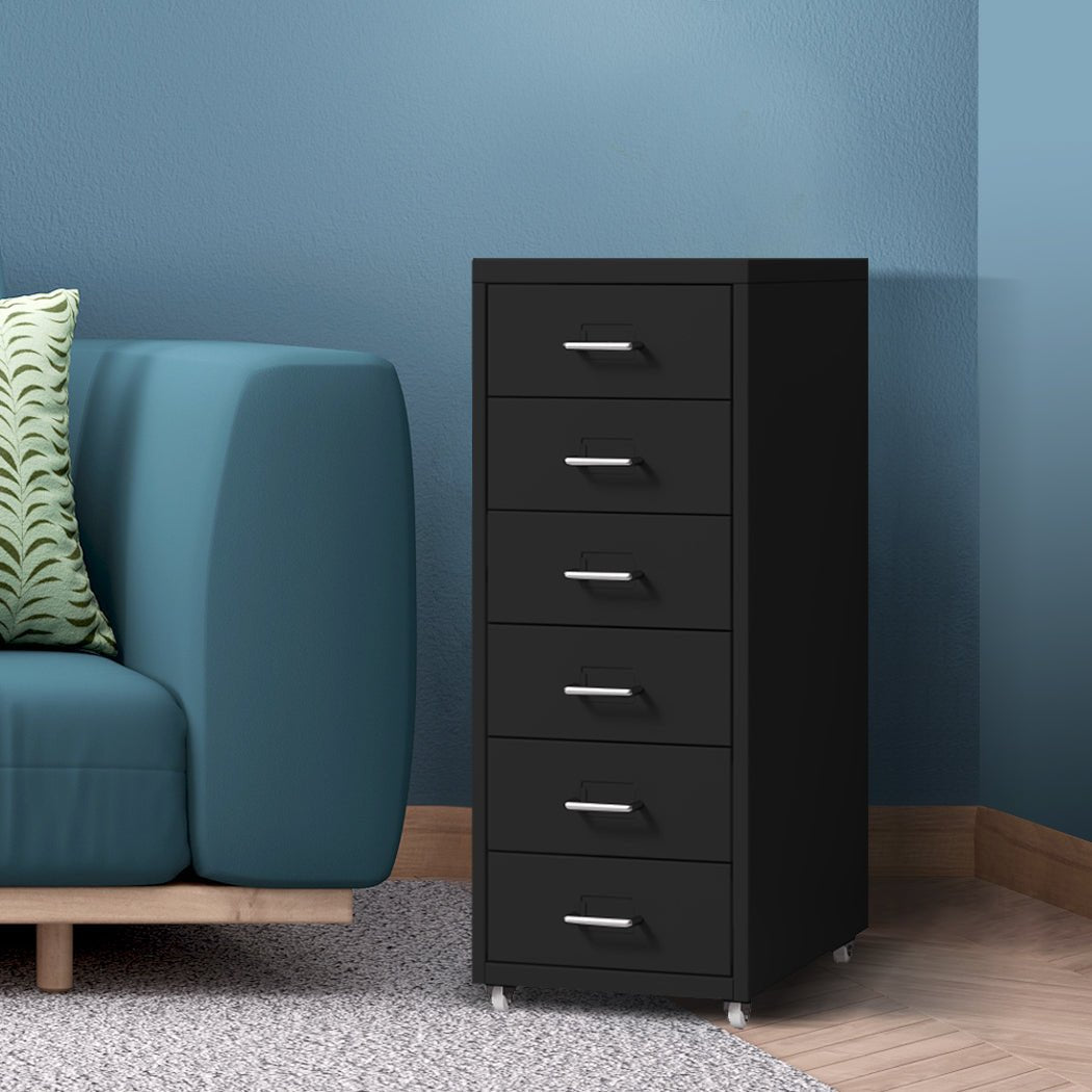 6 - Drawer Steel Office Filing Cabinet with Wheels and Label Holders - Black - Rivercity House & Home Co. (ABN 18 642 972 209) - Affordable Modern Furniture Australia