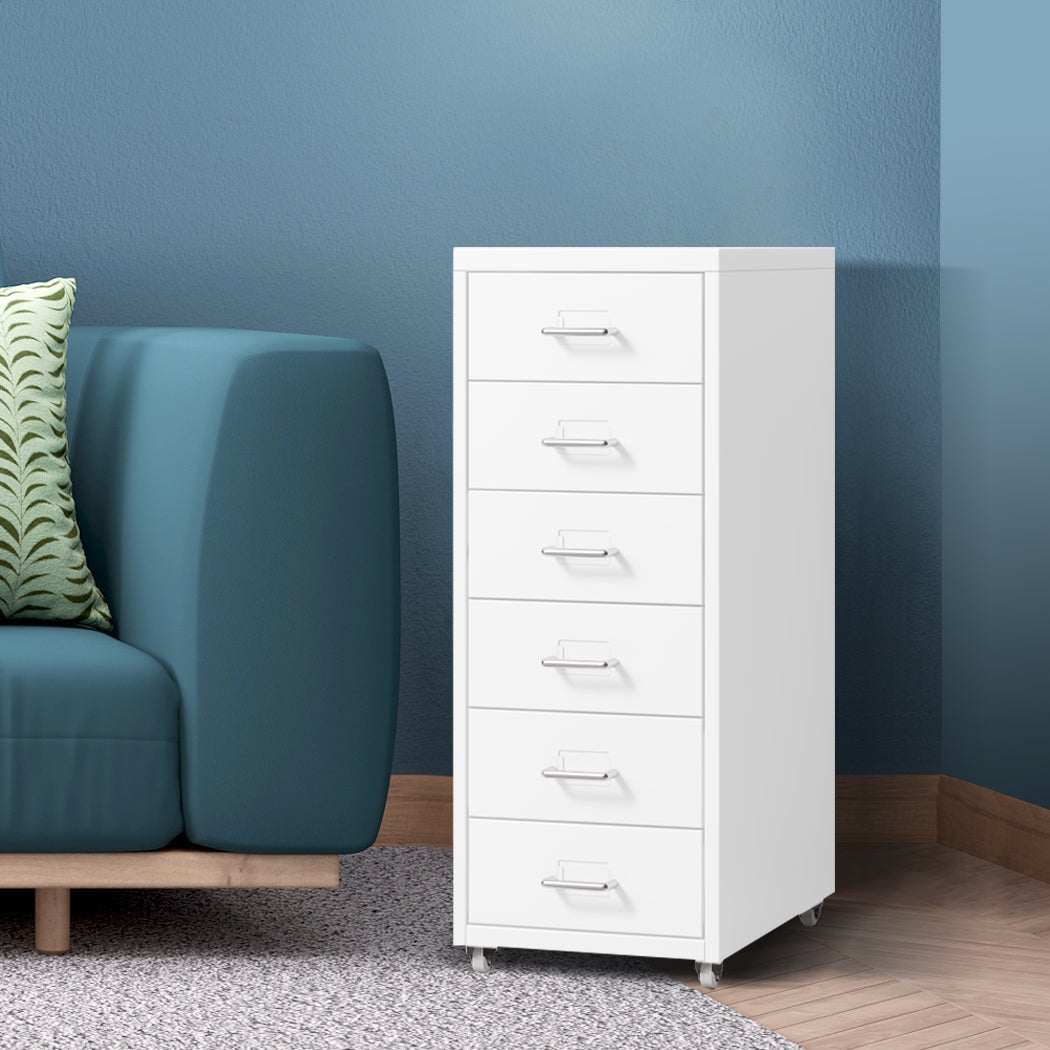 6 Drawer Steel Office Filing Cabinet with Wheels and Label Holders - White - Rivercity House & Home Co. (ABN 18 642 972 209) - Affordable Modern Furniture Australia