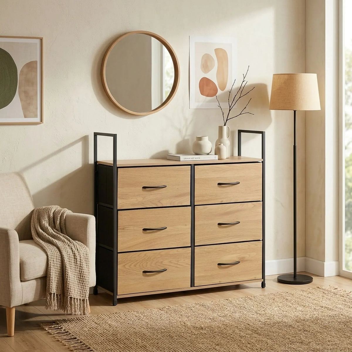 6 Drawer Tallboy Storage Cabinet Steel Frame Rustic Large Chest Drawers - Brown - Home & Garden > Storage > Storage Cabinets & Lockers - Rivercity House & Home Co. (ABN 18 642 972 209) - Affordable Modern Furniture Australia