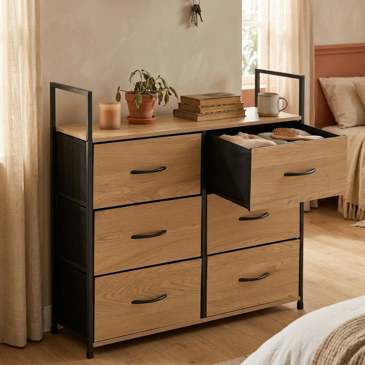 6 Drawer Tallboy Storage Cabinet Steel Frame Rustic Large Chest Drawers - Brown - Home & Garden > Storage > Storage Cabinets & Lockers - Rivercity House & Home Co. (ABN 18 642 972 209) - Affordable Modern Furniture Australia