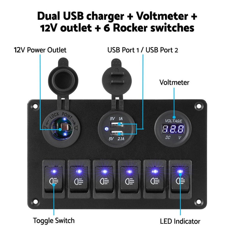 6 Gang 12V Switch Panel For Car Boat Marine USB ON - OFF LED Rocker Toggle - Outdoor > Boating - Rivercity House & Home Co. (ABN 18 642 972 209) - Affordable Modern Furniture Australia