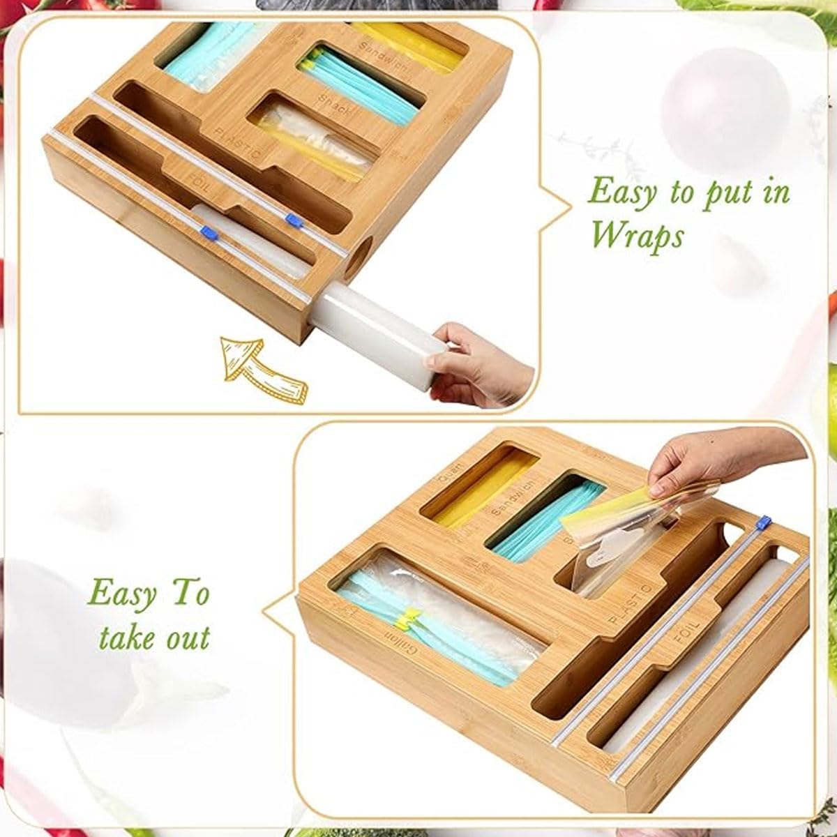 6 - in - 1 Bamboo Kitchen Drawer Organiser with Ziplock Storage, Wrap Dispenser & Cutter - Natural - Furniture > Office > Storage Cabinets - Rivercity House & Home Co. (ABN 18 642 972 209) - Affordable Modern Furniture Australia