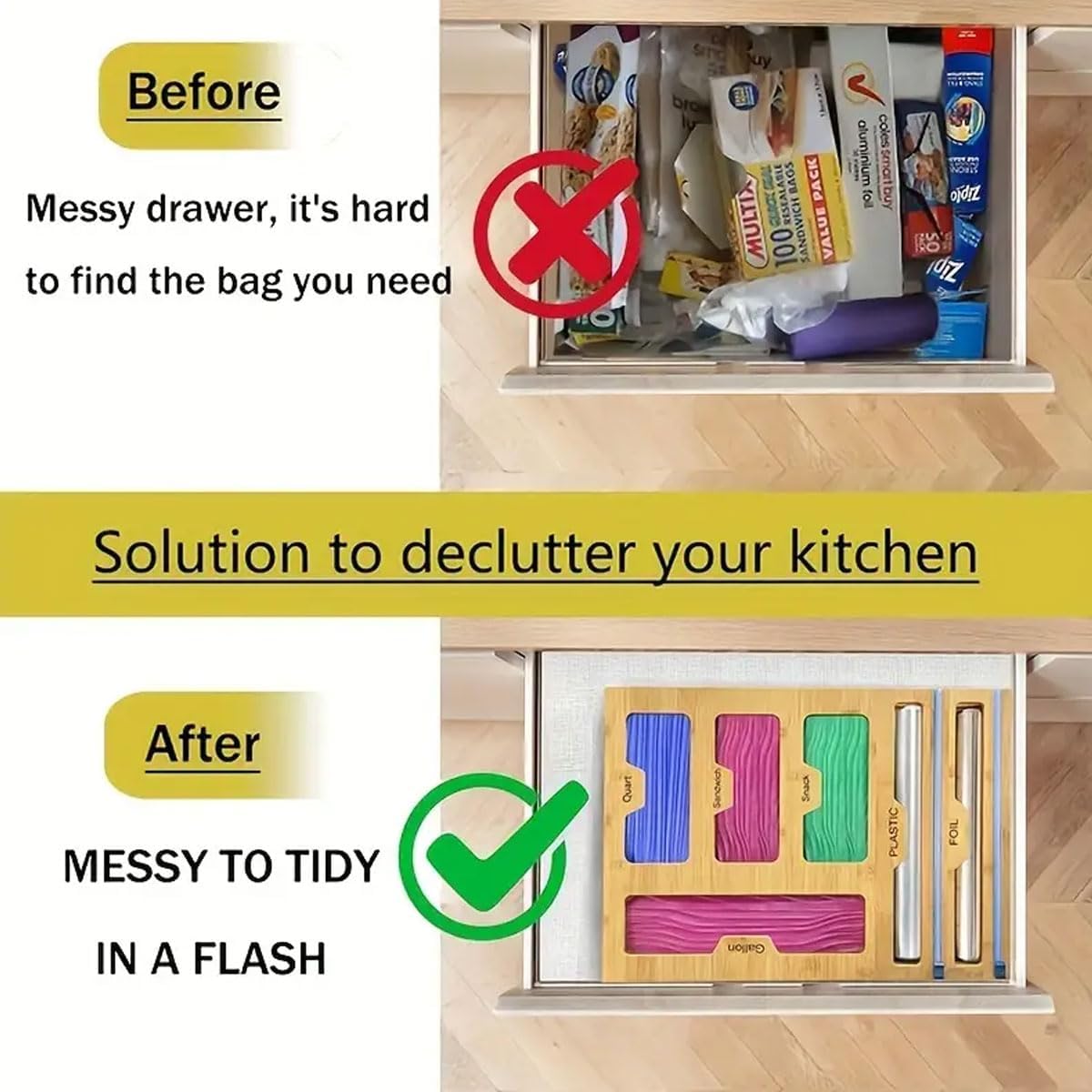 6 - in - 1 Bamboo Kitchen Drawer Organiser with Ziplock Storage, Wrap Dispenser & Cutter - Natural - Furniture > Office > Storage Cabinets - Rivercity House & Home Co. (ABN 18 642 972 209) - Affordable Modern Furniture Australia