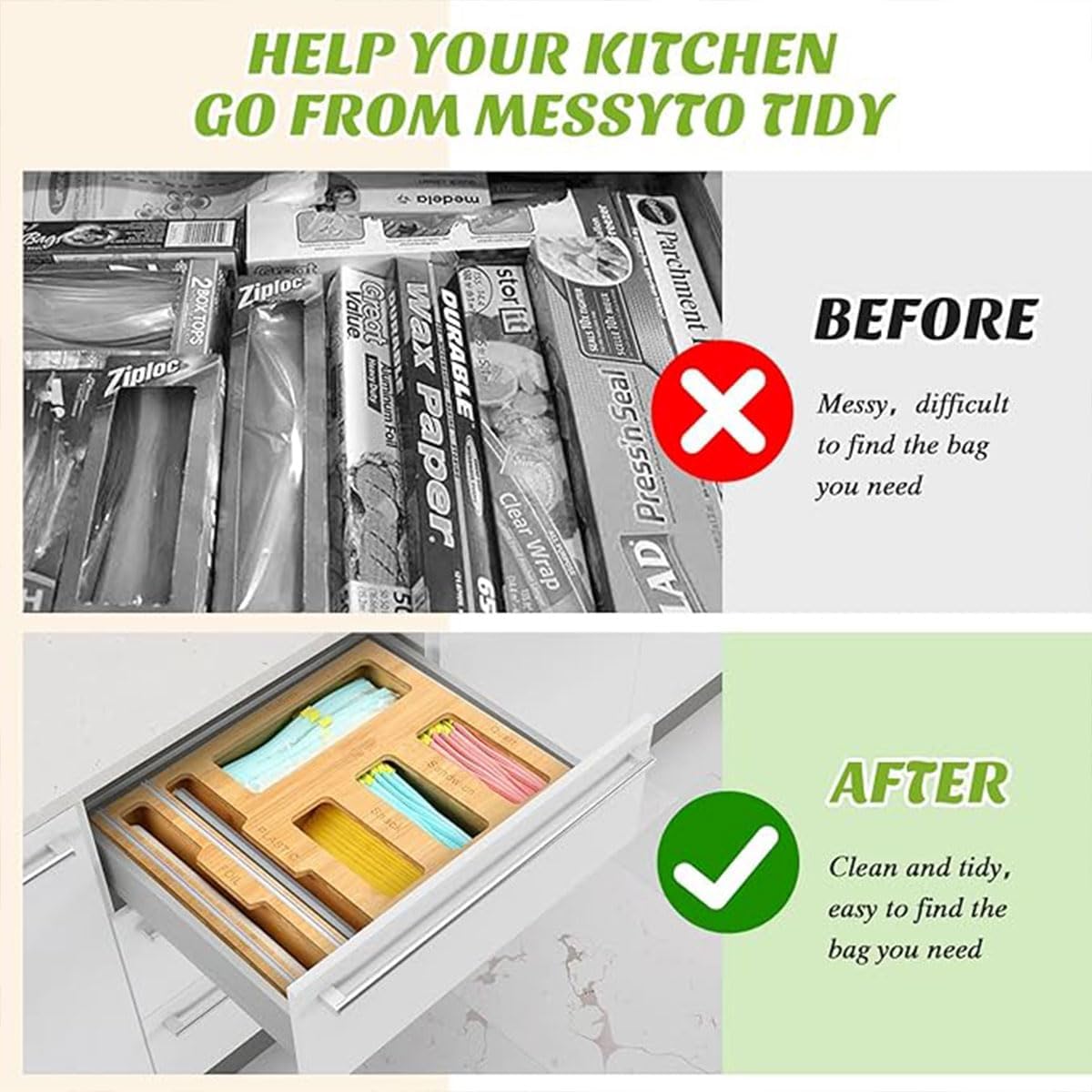 6 - in - 1 Bamboo Kitchen Drawer Organiser with Ziplock Storage, Wrap Dispenser & Cutter - Natural - Furniture > Office > Storage Cabinets - Rivercity House & Home Co. (ABN 18 642 972 209) - Affordable Modern Furniture Australia