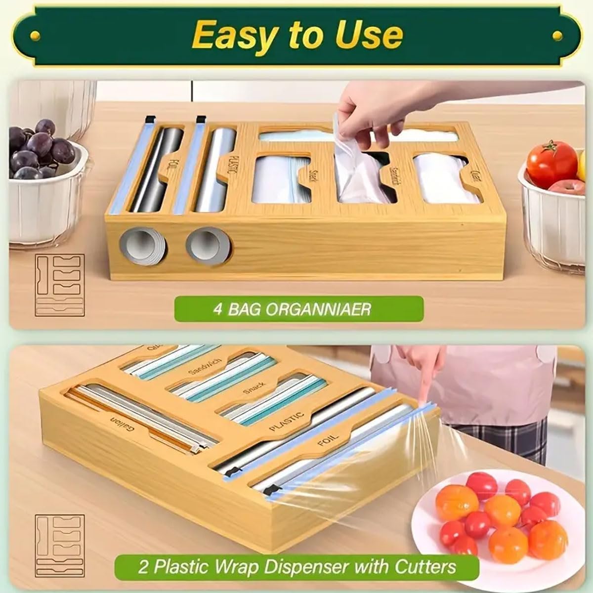 6 - in - 1 Bamboo Kitchen Drawer Organiser with Ziplock Storage, Wrap Dispenser & Cutter - Natural - Furniture > Office > Storage Cabinets - Rivercity House & Home Co. (ABN 18 642 972 209) - Affordable Modern Furniture Australia