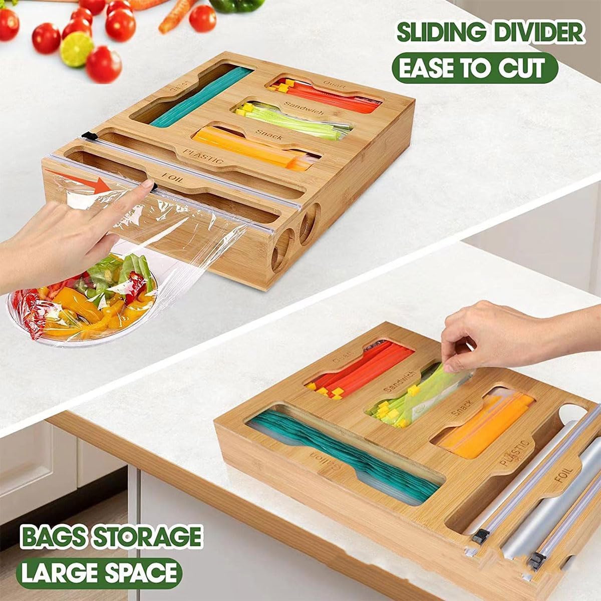 6 - in - 1 Bamboo Kitchen Drawer Organiser with Ziplock Storage, Wrap Dispenser & Cutter - Natural - Furniture > Office > Storage Cabinets - Rivercity House & Home Co. (ABN 18 642 972 209) - Affordable Modern Furniture Australia