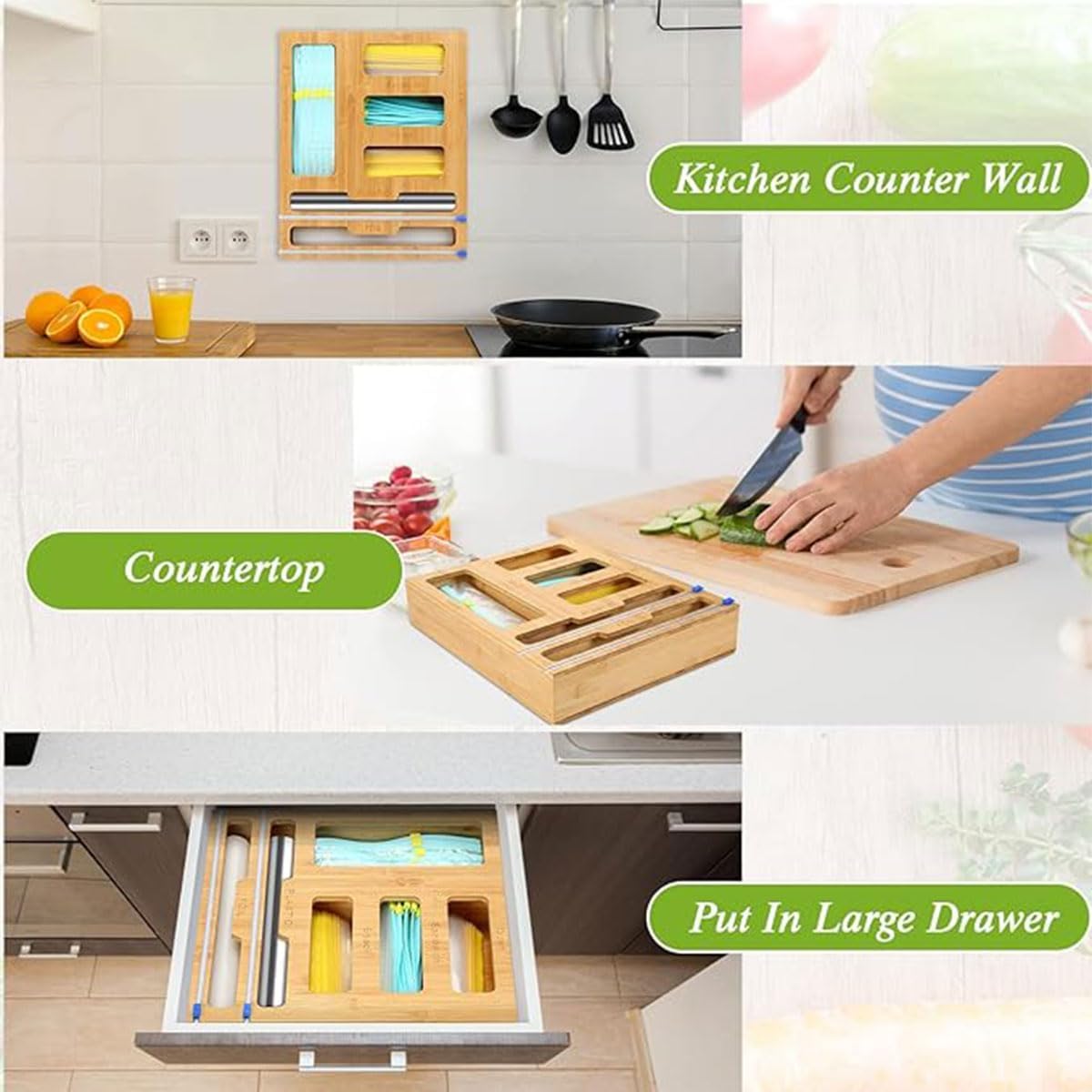 6 - in - 1 Bamboo Kitchen Drawer Organiser with Ziplock Storage, Wrap Dispenser & Cutter - Natural - Furniture > Office > Storage Cabinets - Rivercity House & Home Co. (ABN 18 642 972 209) - Affordable Modern Furniture Australia