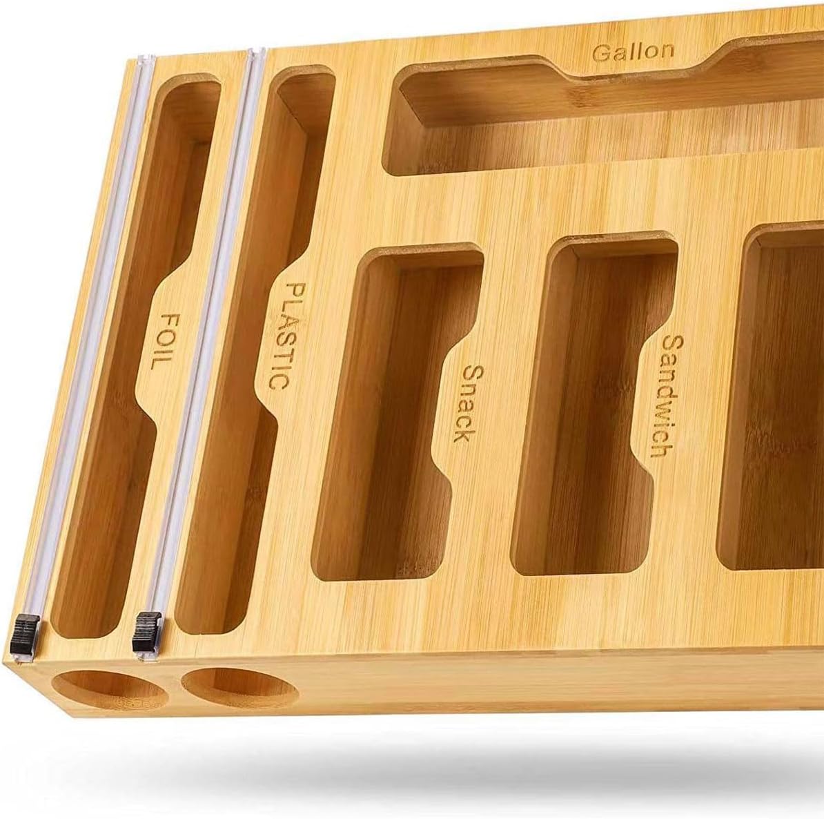 6 - in - 1 Bamboo Kitchen Drawer Organiser with Ziplock Storage, Wrap Dispenser & Cutter - Natural - Furniture > Office > Storage Cabinets - Rivercity House & Home Co. (ABN 18 642 972 209) - Affordable Modern Furniture Australia