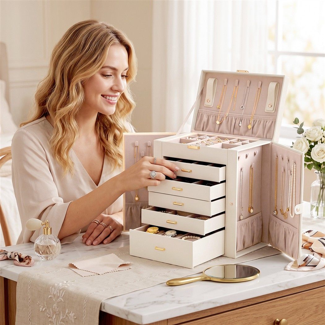 6 Layer Jewellery Box Organiser Large Display Case Storage - White - Health & Beauty > Cosmetic Storage > Makeup Organisation & Storage - Rivercity House & Home Co. (ABN 18 642 972 209) - Affordable Modern Furniture Australia