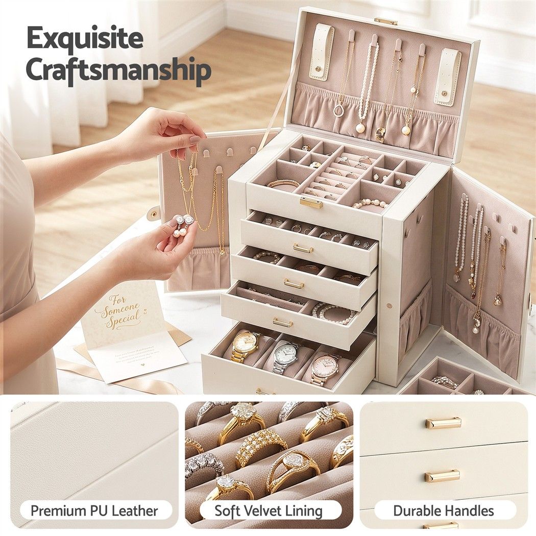 6 Layer Jewellery Box Organiser Large Display Case Storage - White - Health & Beauty > Cosmetic Storage > Makeup Organisation & Storage - Rivercity House & Home Co. (ABN 18 642 972 209) - Affordable Modern Furniture Australia