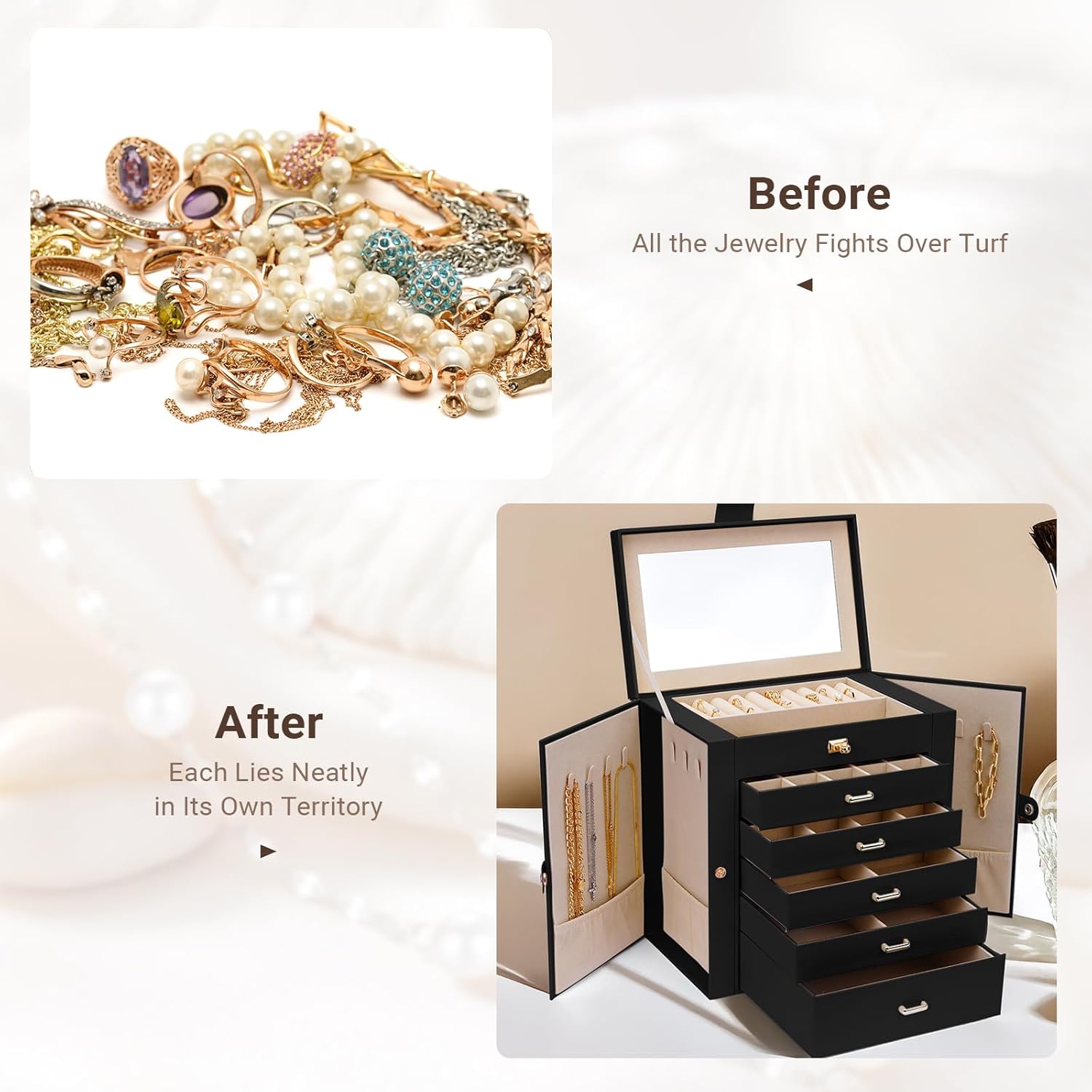 6 - Layer Large Jewelry Box for Women withDrawers, Mirror, Lock, Necklace Hooks & Side Compartments for Rings, Earrings, Bracelets, Gifts (Black) - Fashion > Women's Fashion > Women's Jewellery - Rivercity House & Home Co. (ABN 18 642 972 209) - Affordable Modern Furniture Australia