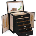 6-Layer Large Jewelry Box with Drawers, Mirror, Lock, Necklace Hooks & Side Compartments for Rings, Earrings, Bracelets - Black