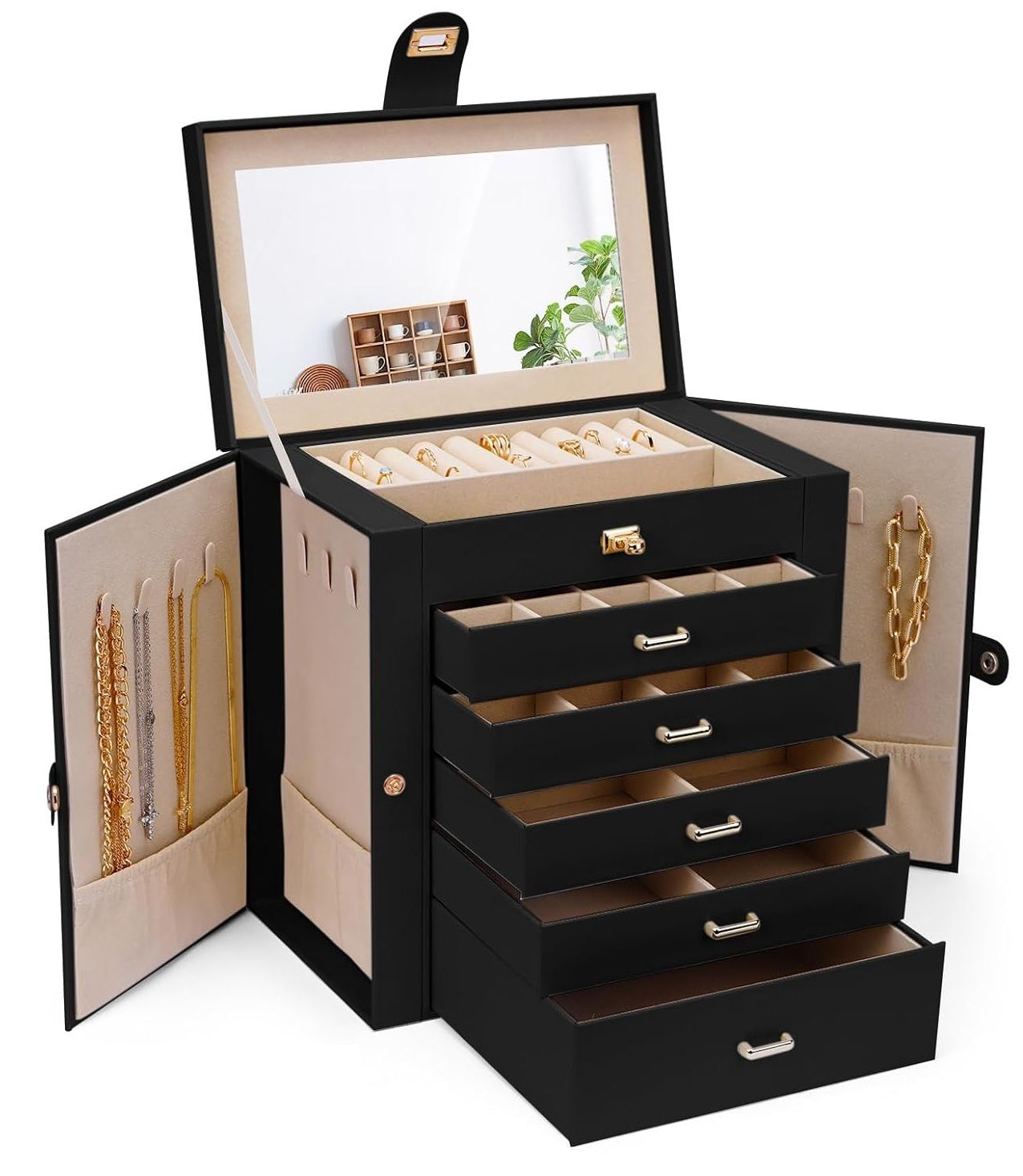 6 - Layer Large Jewelry Box for Women withDrawers, Mirror, Lock, Necklace Hooks & Side Compartments for Rings, Earrings, Bracelets, Gifts (Black) - Fashion > Women's Fashion > Women's Jewellery - Rivercity House & Home Co. (ABN 18 642 972 209) - Affordable Modern Furniture Australia