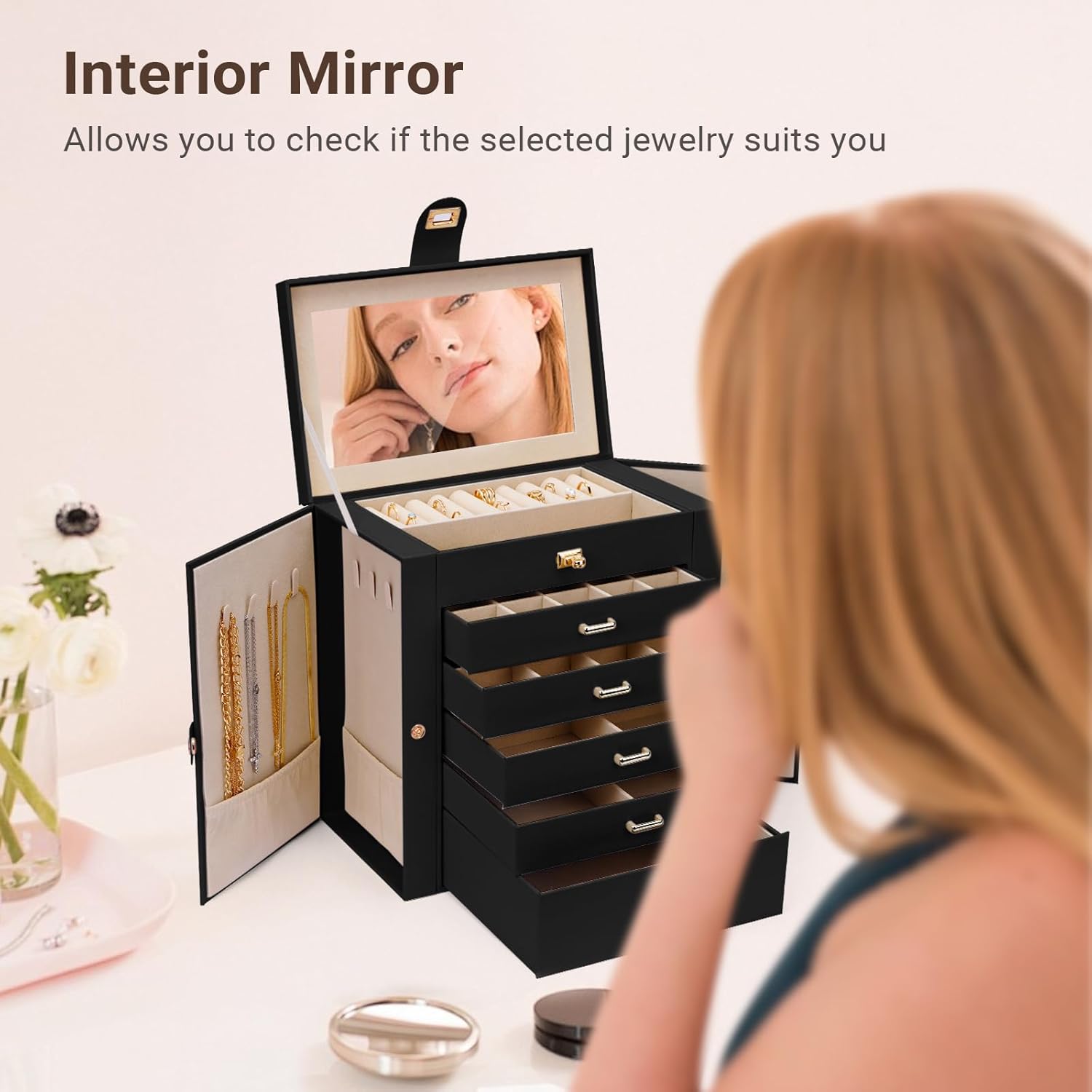 6 - Layer Large Jewelry Box for Women withDrawers, Mirror, Lock, Necklace Hooks & Side Compartments for Rings, Earrings, Bracelets, Gifts (Black) - Fashion > Women's Fashion > Women's Jewellery - Rivercity House & Home Co. (ABN 18 642 972 209) - Affordable Modern Furniture Australia