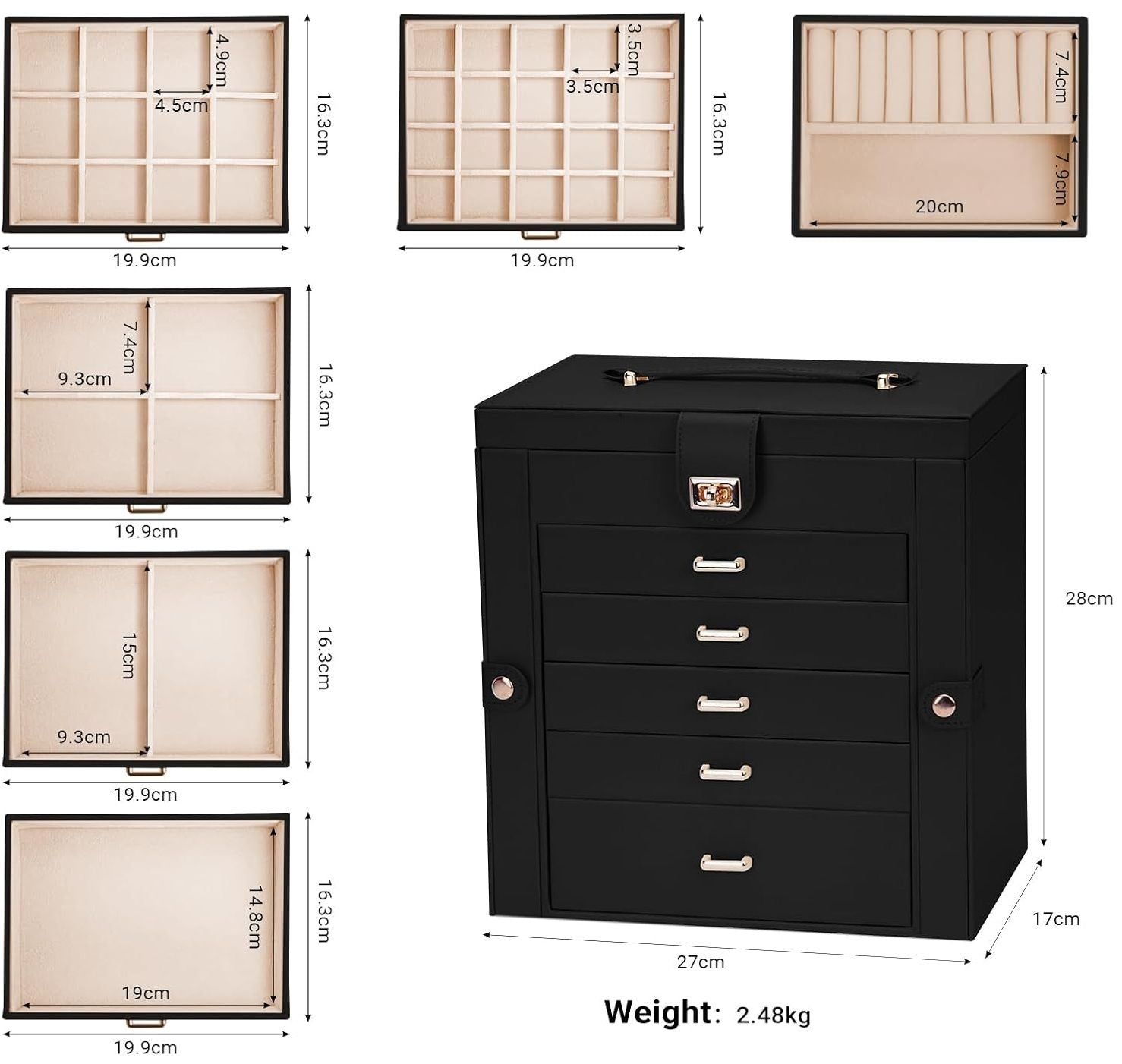 6 - Layer Large Jewelry Box for Women withDrawers, Mirror, Lock, Necklace Hooks & Side Compartments for Rings, Earrings, Bracelets, Gifts (Black) - Fashion > Women's Fashion > Women's Jewellery - Rivercity House & Home Co. (ABN 18 642 972 209) - Affordable Modern Furniture Australia