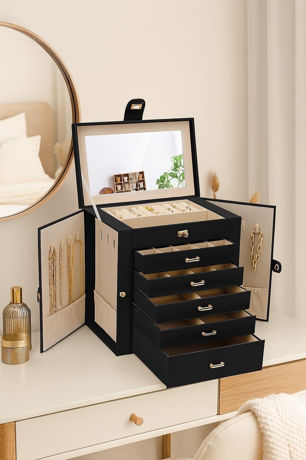 6 - Layer Large Jewelry Box for Women withDrawers, Mirror, Lock, Necklace Hooks & Side Compartments for Rings, Earrings, Bracelets, Gifts (Black) - Fashion > Women's Fashion > Women's Jewellery - Rivercity House & Home Co. (ABN 18 642 972 209) - Affordable Modern Furniture Australia