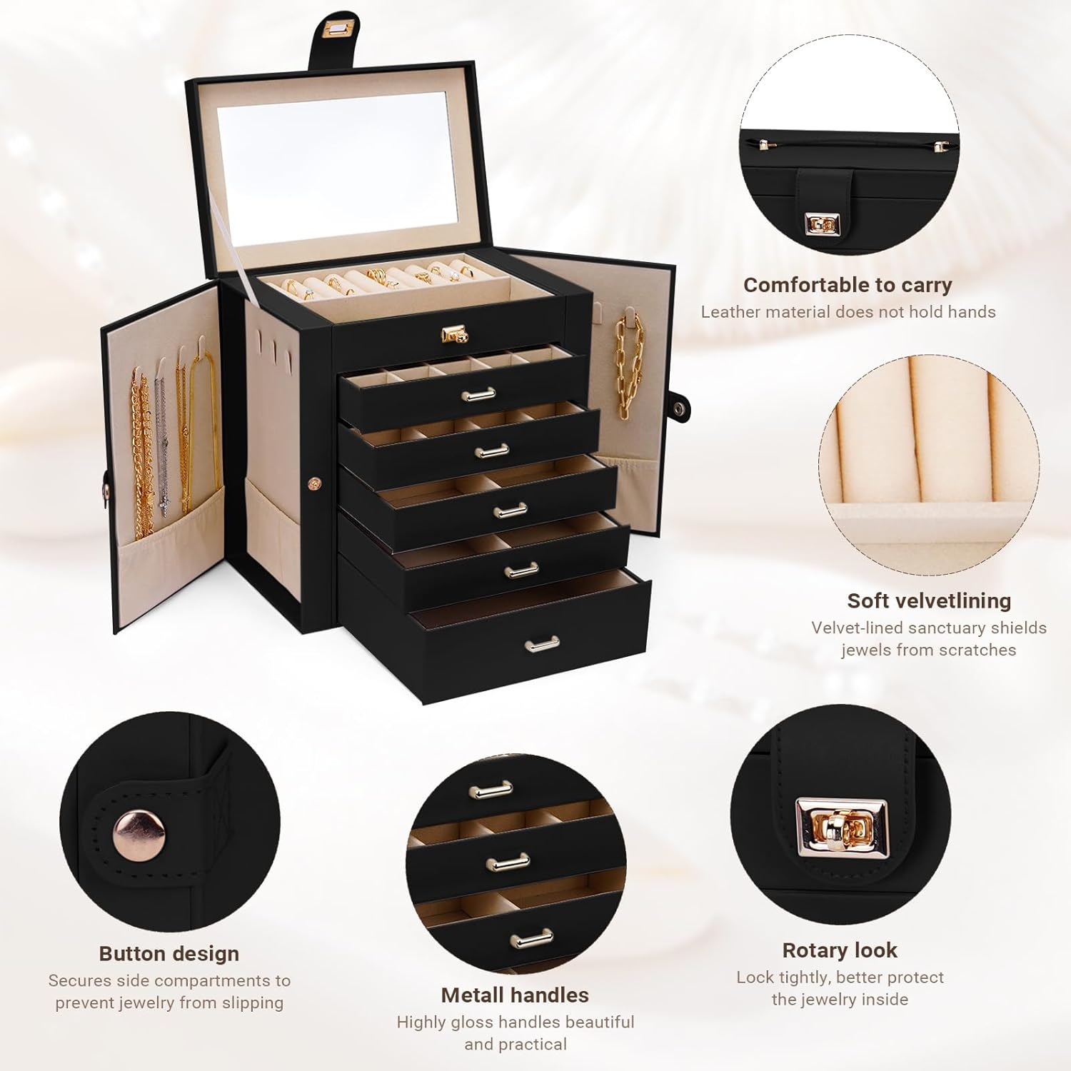 6 - Layer Large Jewelry Box for Women withDrawers, Mirror, Lock, Necklace Hooks & Side Compartments for Rings, Earrings, Bracelets, Gifts (Black) - Fashion > Women's Fashion > Women's Jewellery - Rivercity House & Home Co. (ABN 18 642 972 209) - Affordable Modern Furniture Australia