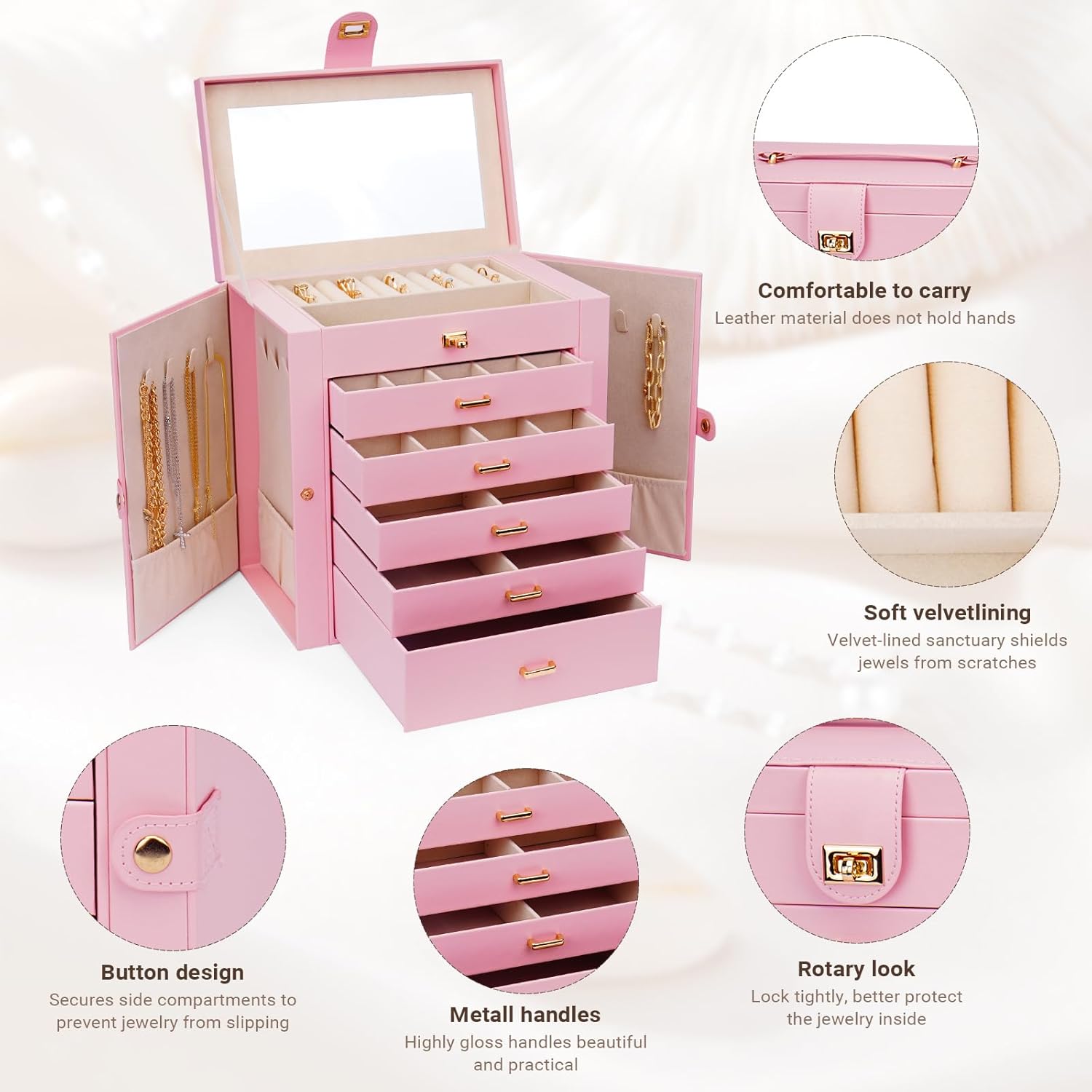 6 - Layer Large Jewelry Box for Women withDrawers, Mirror, Lock, Necklace Hooks & Side Compartments for Rings, Earrings, Bracelets, Gifts (Pink) - Fashion > Women's Fashion > Women's Jewellery - Rivercity House & Home Co. (ABN 18 642 972 209) - Affordable Modern Furniture Australia