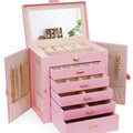 6-Layer Large Jewelry Box with Drawers, Mirror, Lock & Necklace Hooks for Rings, Earrings, Bracelets - Pink