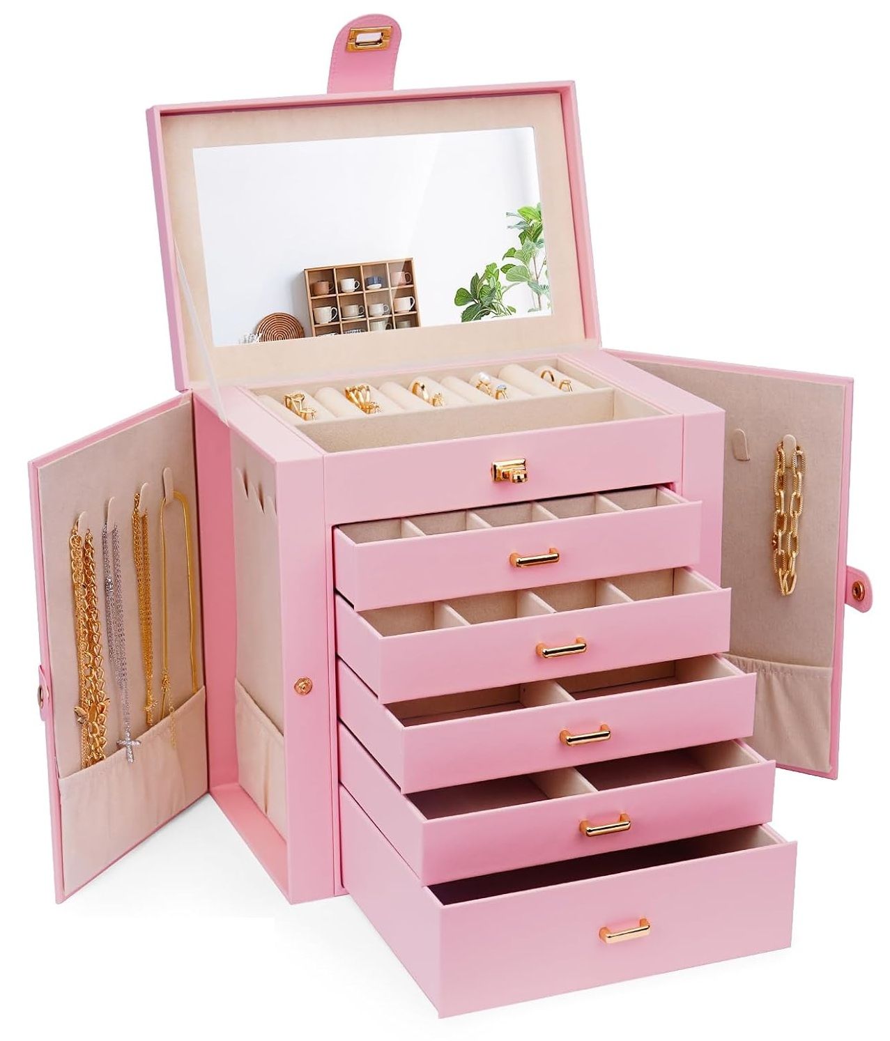 6 - Layer Large Jewelry Box for Women withDrawers, Mirror, Lock, Necklace Hooks & Side Compartments for Rings, Earrings, Bracelets, Gifts (Pink) - Fashion > Women's Fashion > Women's Jewellery - Rivercity House & Home Co. (ABN 18 642 972 209) - Affordable Modern Furniture Australia