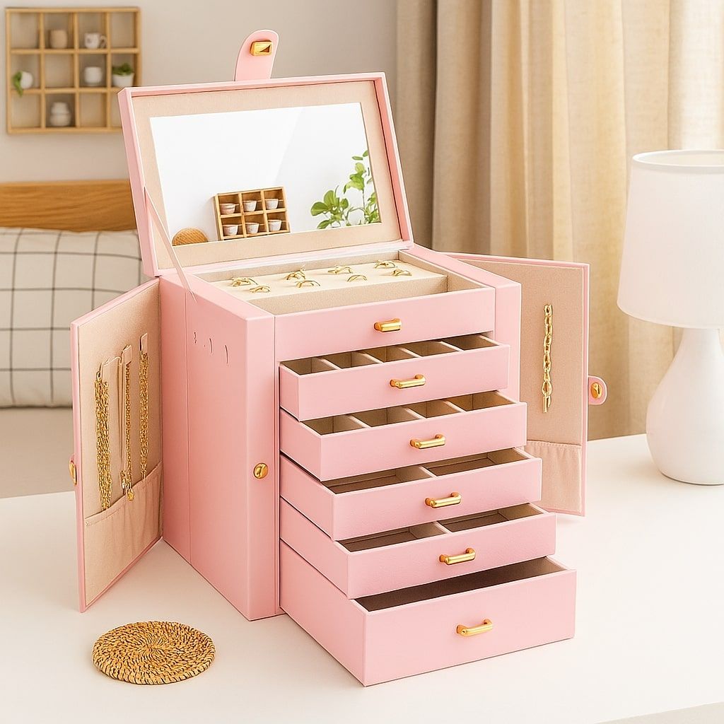 6 - Layer Large Jewelry Box for Women withDrawers, Mirror, Lock, Necklace Hooks & Side Compartments for Rings, Earrings, Bracelets, Gifts (Pink) - Fashion > Women's Fashion > Women's Jewellery - Rivercity House & Home Co. (ABN 18 642 972 209) - Affordable Modern Furniture Australia
