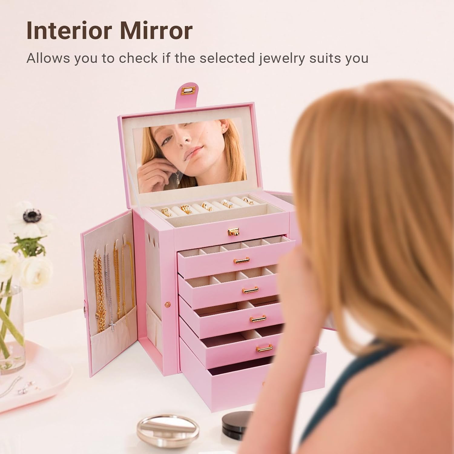 6 - Layer Large Jewelry Box for Women withDrawers, Mirror, Lock, Necklace Hooks & Side Compartments for Rings, Earrings, Bracelets, Gifts (Pink) - Fashion > Women's Fashion > Women's Jewellery - Rivercity House & Home Co. (ABN 18 642 972 209) - Affordable Modern Furniture Australia
